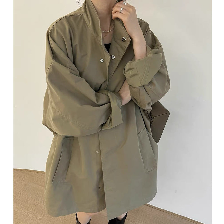 Women's Oversized Stand Collar Mid Length Trench Coat Jacket