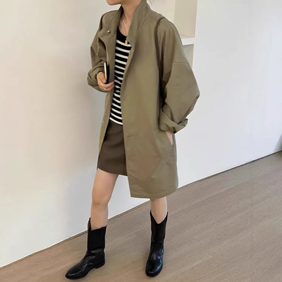 Women's Oversized Stand Collar Mid Length Trench Coat Jacket
