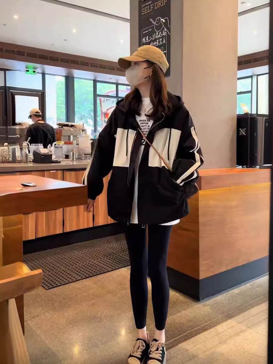 Women's Contrast Color Hooded Nylon Windbreaker Jacket