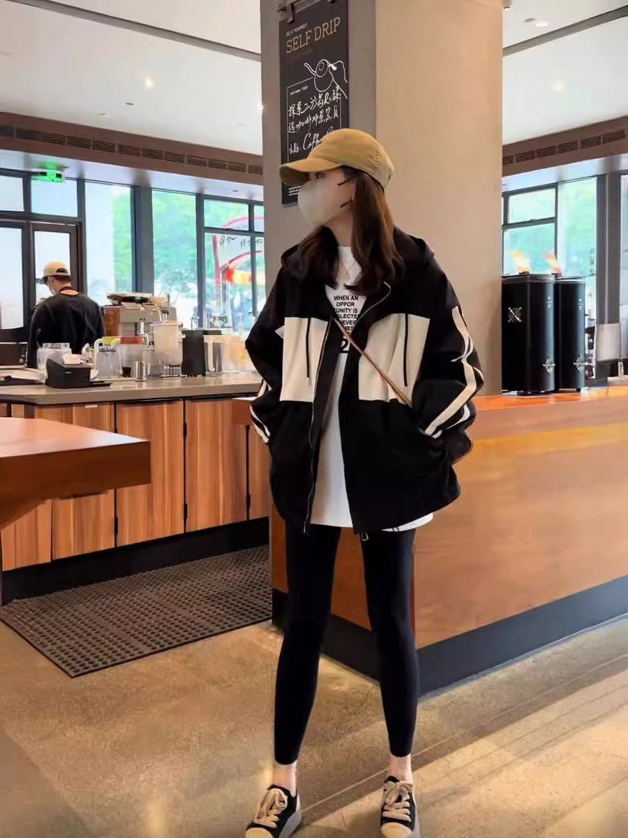 Women's Contrast Color Hooded Nylon Windbreaker Jacket