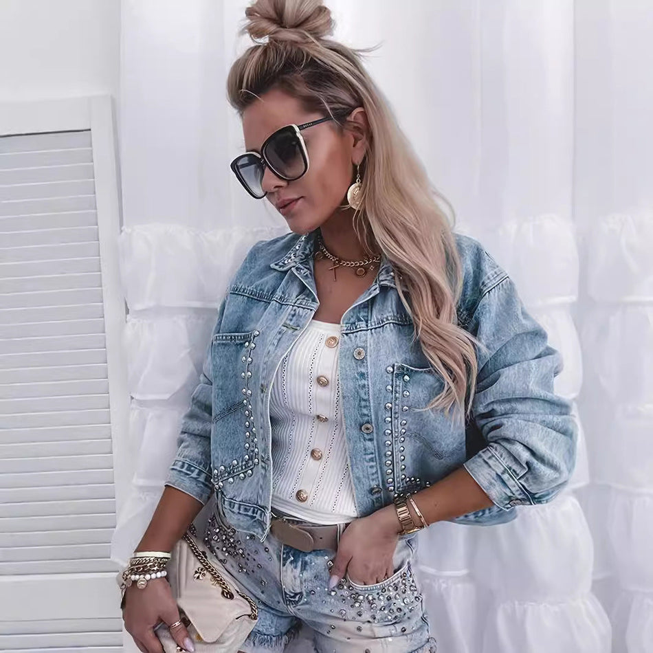 Women's Retro Rivet Denim Short Jacket with Pointed Collar