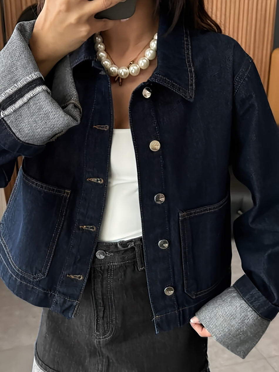 Women's Rolled Edge Denim Jacket with Square Collar