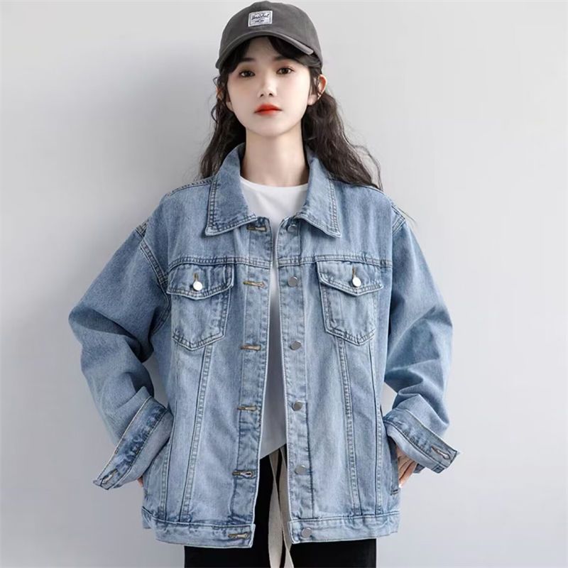 Women's Loose Fit Denim Jacket with Vintage Square Collar