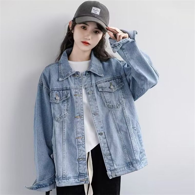 Women's Loose Fit Denim Jacket with Vintage Square Collar