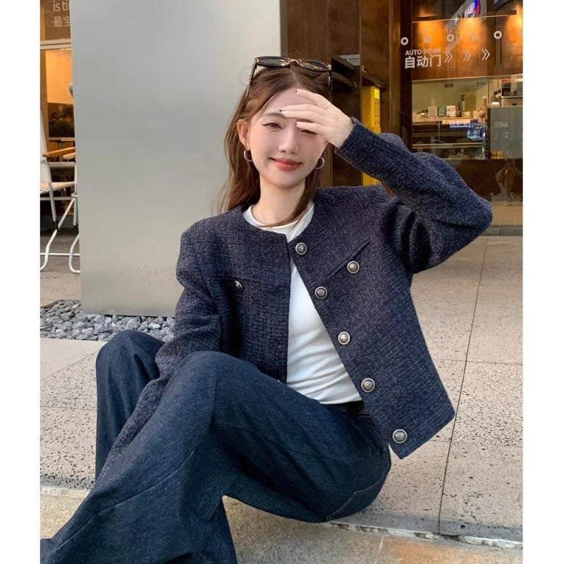 Women's Tweed Jacket with Polo Collar and Relaxed Fit