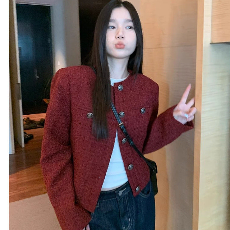 Women's Tweed Jacket with Polo Collar and Relaxed Fit