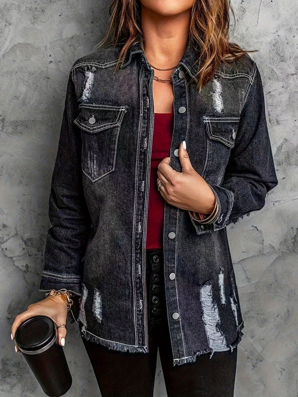 Women's Vintage Distressed Long Denim Jacket with Lapel Collar
