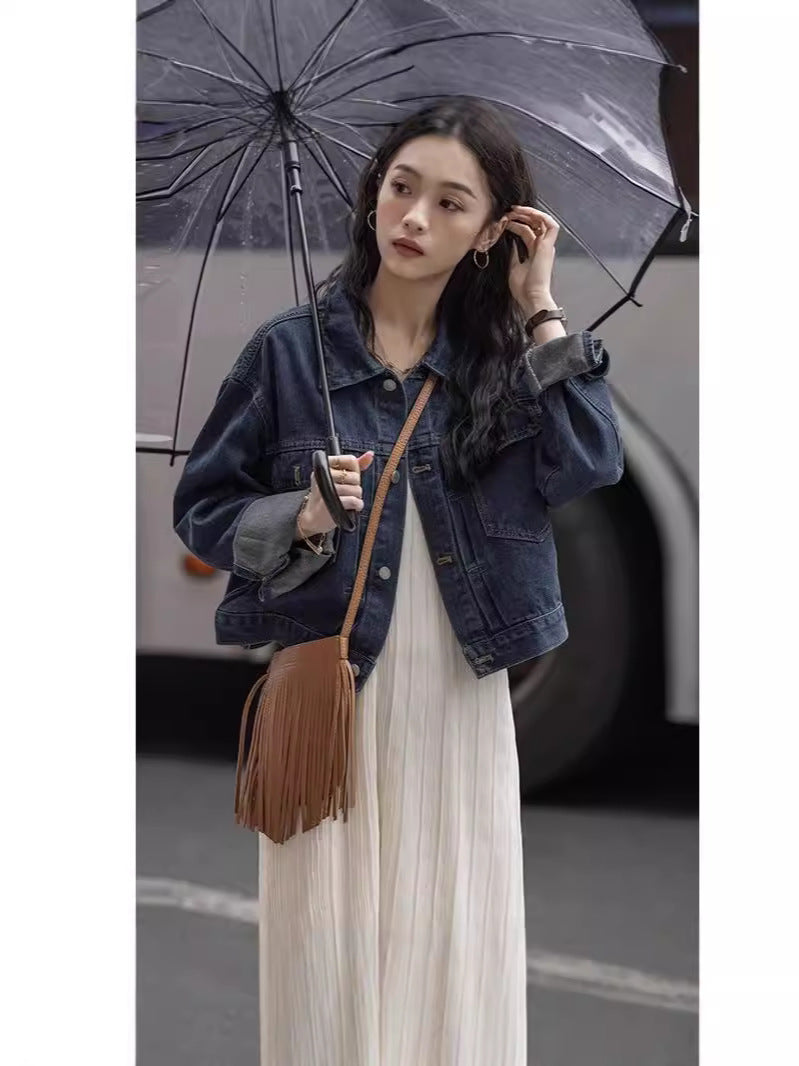 Women's Loose Fit Cotton Denim Jacket with Polo Collar