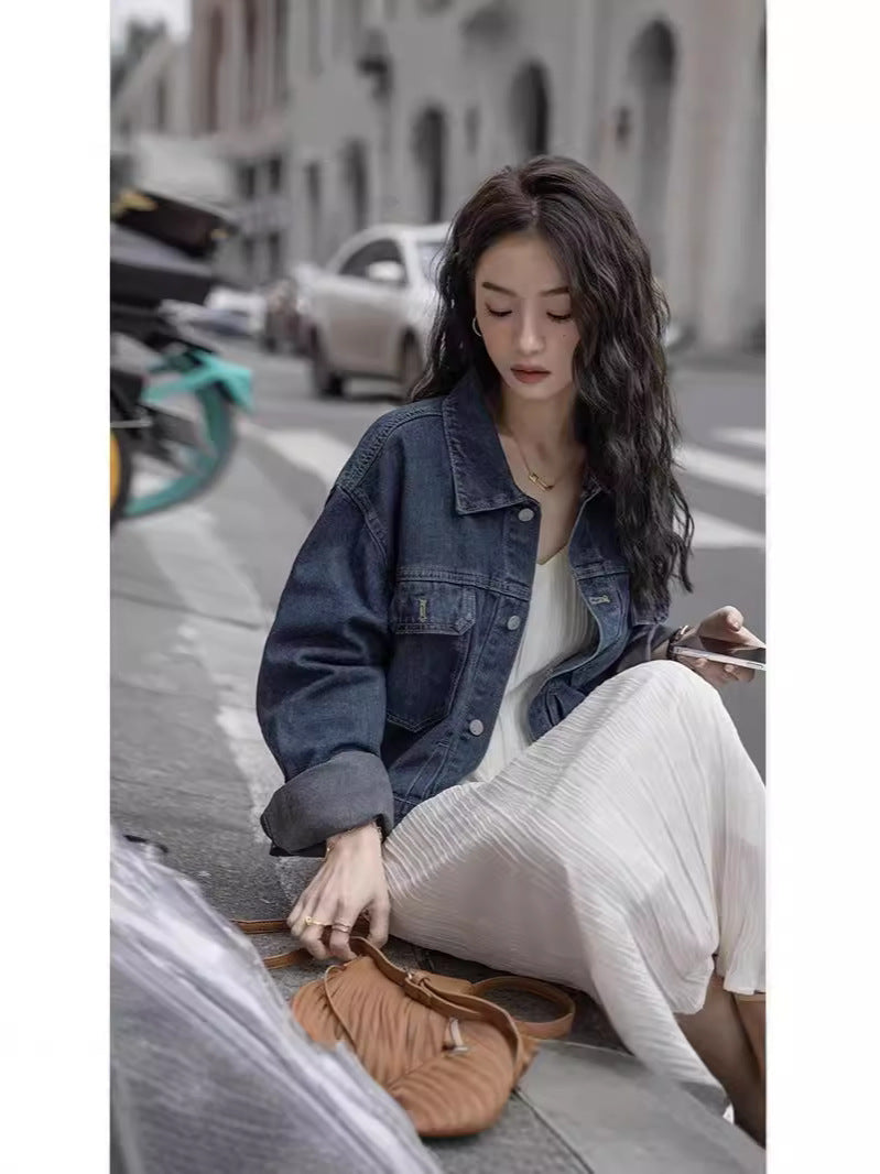 Women's Loose Fit Cotton Denim Jacket with Polo Collar