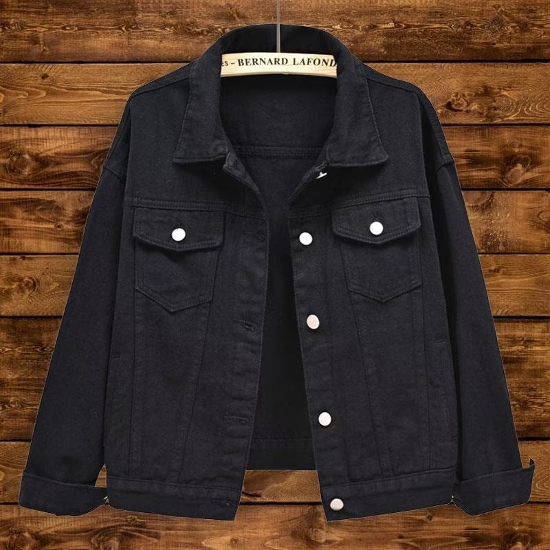 Women's Black Denim Jacket with Relaxed Fit and Lapel Collar