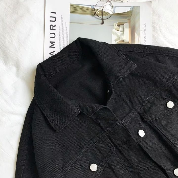 Women's Black Denim Jacket with Relaxed Fit and Lapel Collar