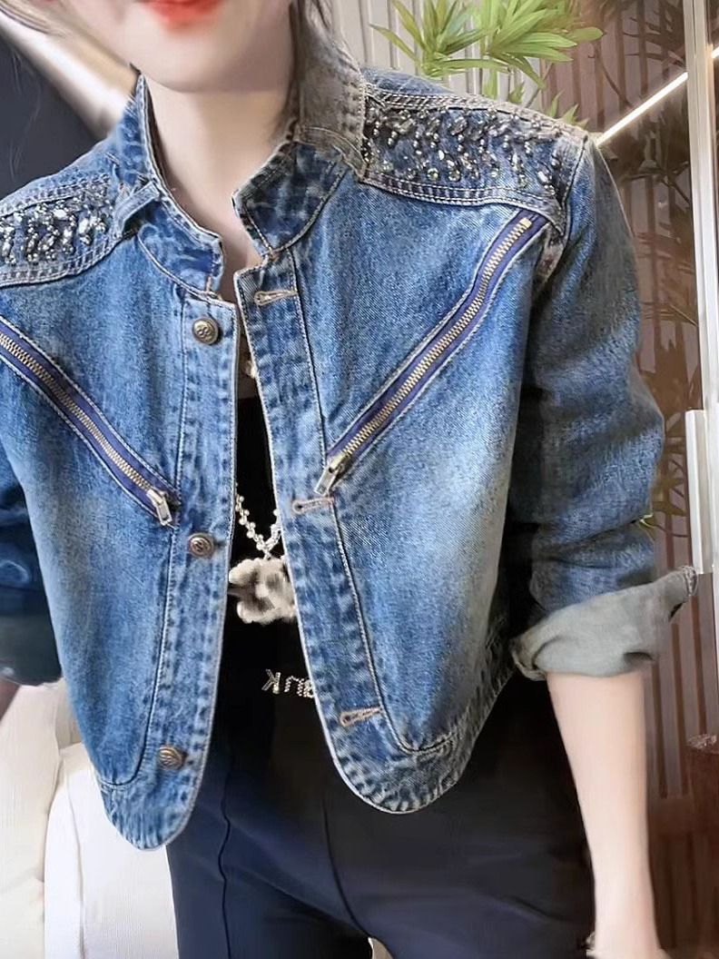 Women's Rhinestone Denim Jacket with Relaxed Fit