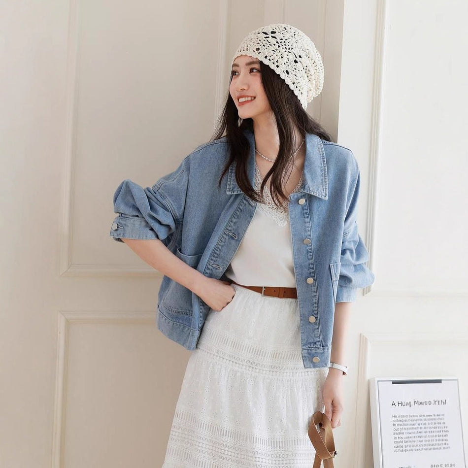 Women's Loose Fit Denim Jacket with Raglan Sleeves