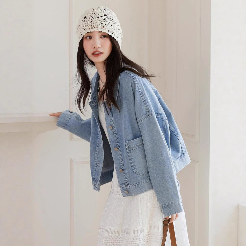 Women's Loose Fit Denim Jacket with Raglan Sleeves