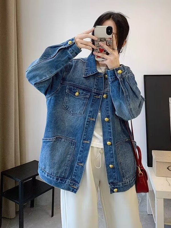 Women's Distressed Denim Jacket with Slim Fit Silhouette