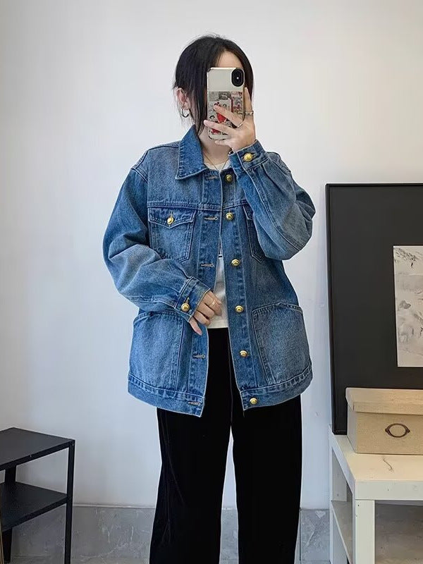 Women's Distressed Denim Jacket with Slim Fit Silhouette