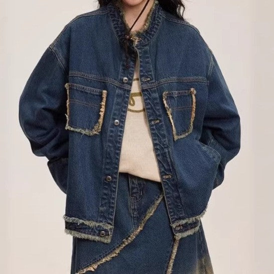 Vintage Washed Denim Jacket with Frayed Detail for Women