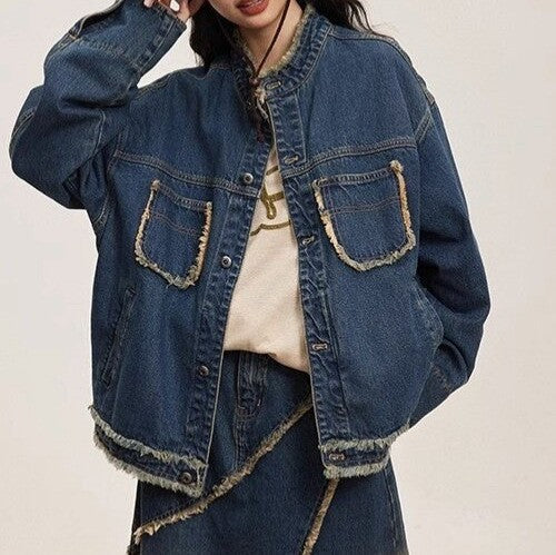Vintage Washed Denim Jacket with Frayed Detail for Women