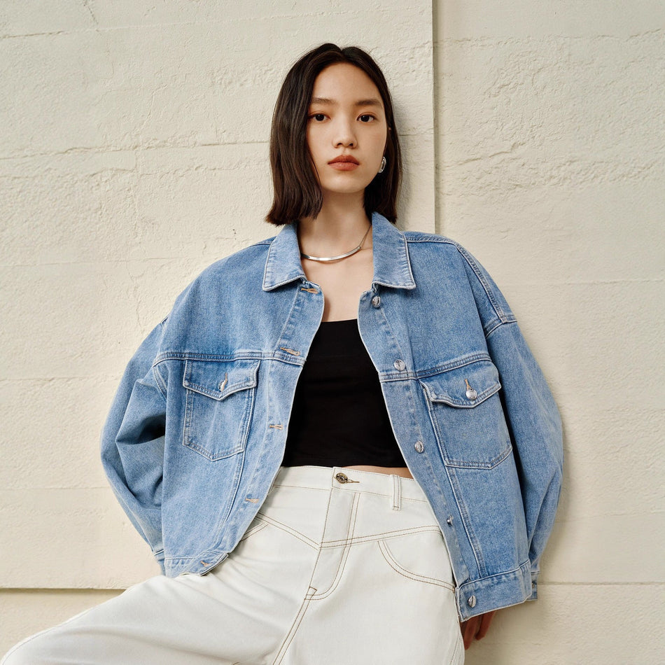 Women's Loose Fit Denim Jacket with Raglan Sleeves