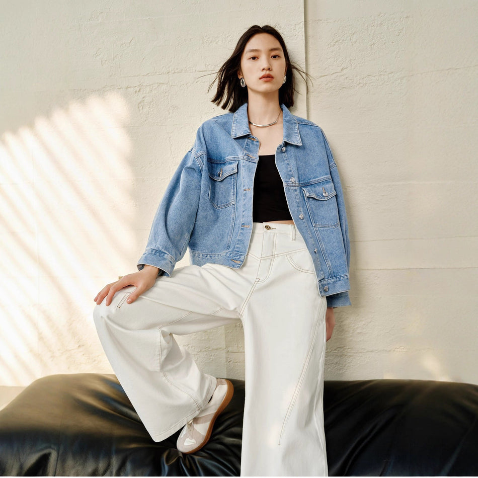 Women's Loose Fit Denim Jacket with Raglan Sleeves