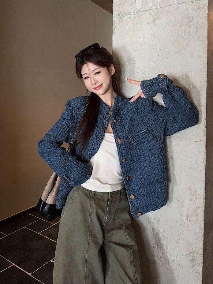 Women's Stand Collar Denim Jacket with Refined H-Line Fit