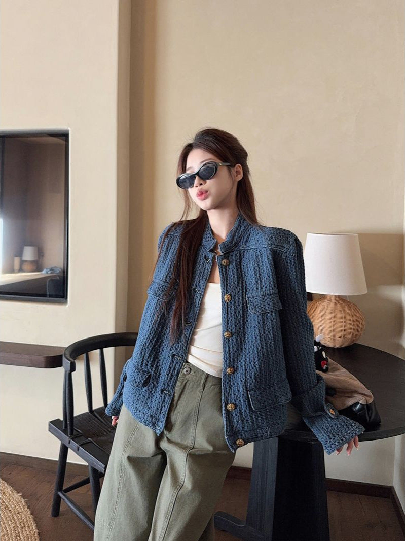 Women's Stand Collar Denim Jacket with Refined H-Line Fit