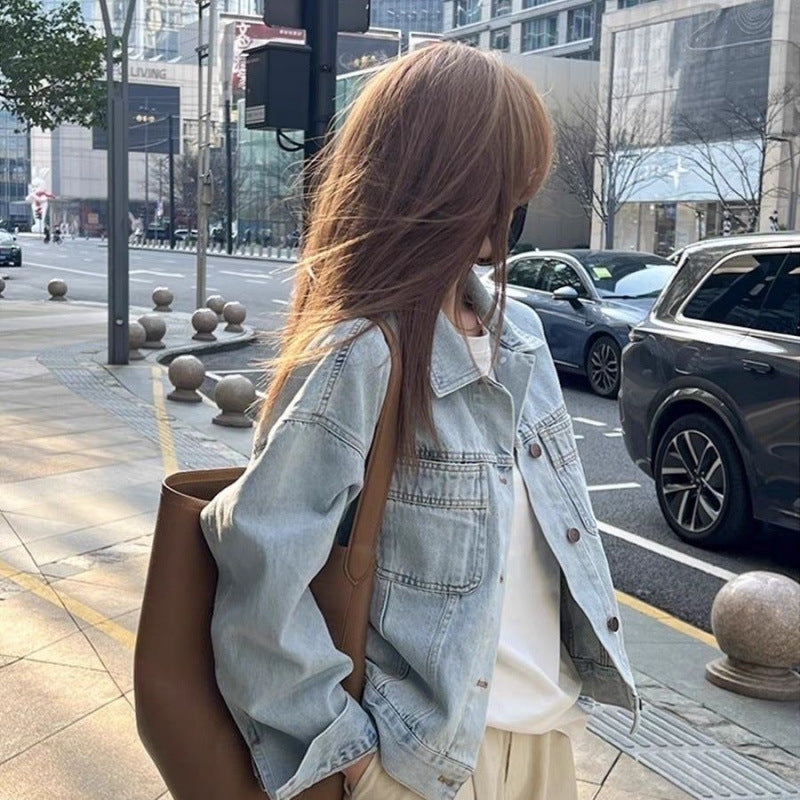 Women's Washed Denim Jacket with Relaxed Short Silhouette