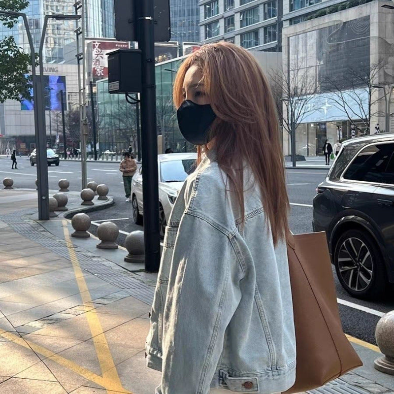 Women's Washed Denim Jacket with Relaxed Short Silhouette