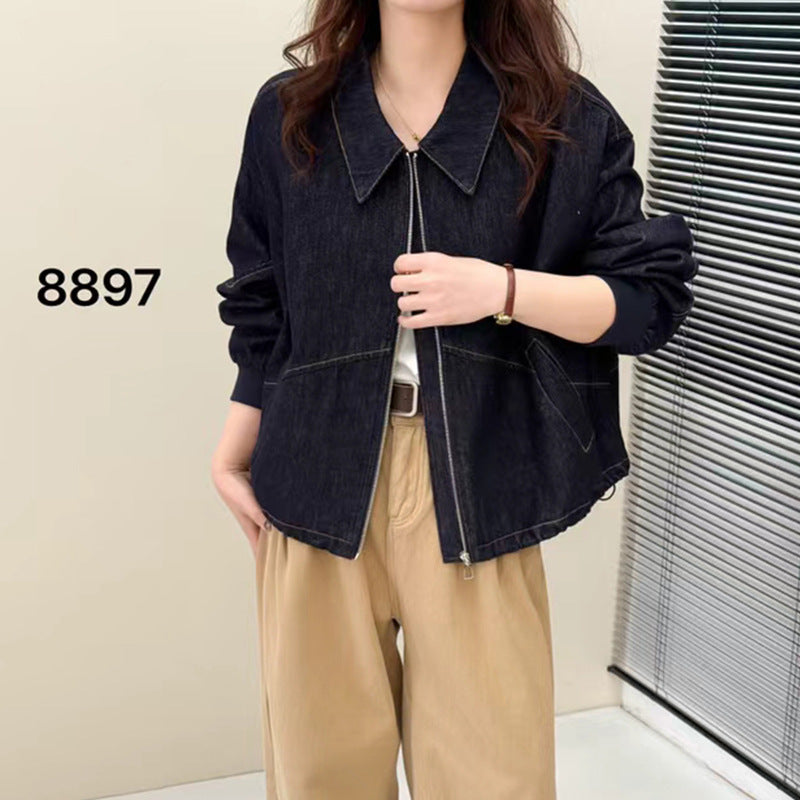 Women's Double Zipper Jacket with Retro Lapel Design