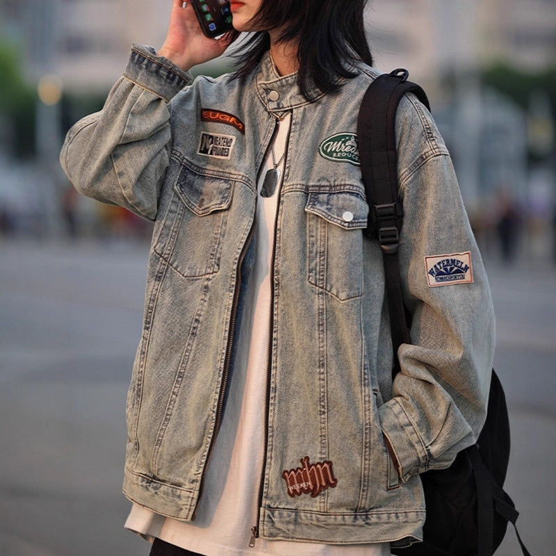Unisex Retro Denim Jacket with Classic Lapel Collar