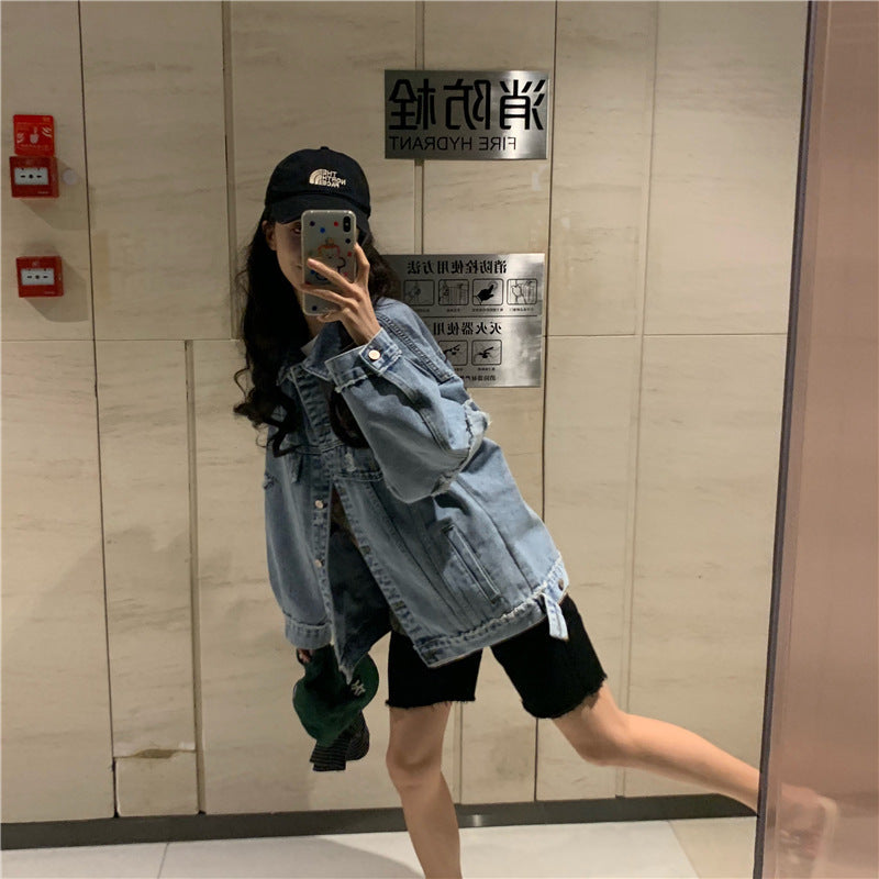 Women's Mid-Length Cotton Denim Jacket with Relaxed Fit