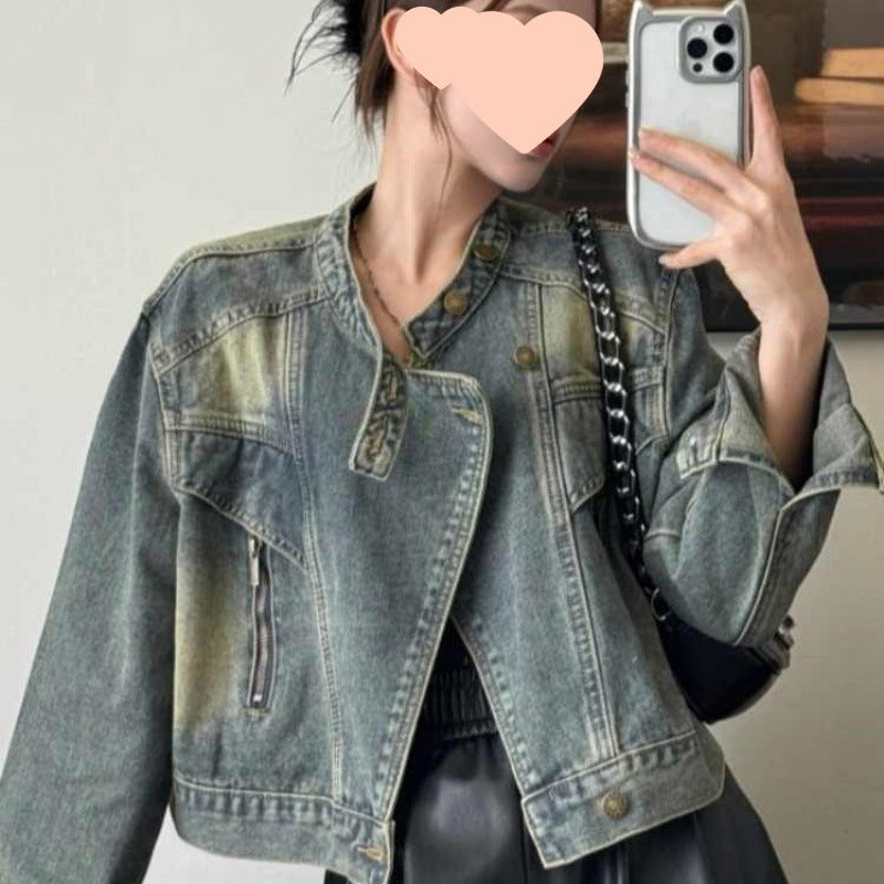 Women's Stand Collar Short Jacket with Relaxed Fit Design