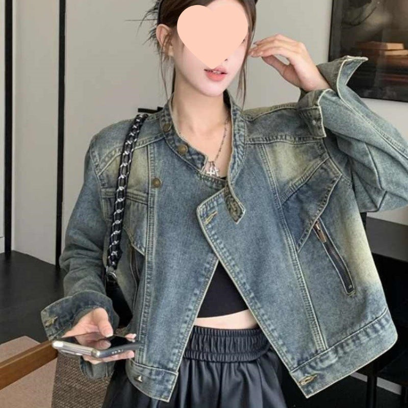 Women's Stand Collar Short Jacket with Relaxed Fit Design