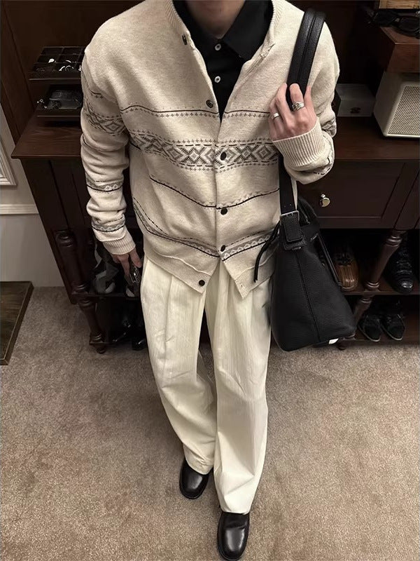 Men's Fair Isle Jacquard Knit Cardigan Sweater for Autumn