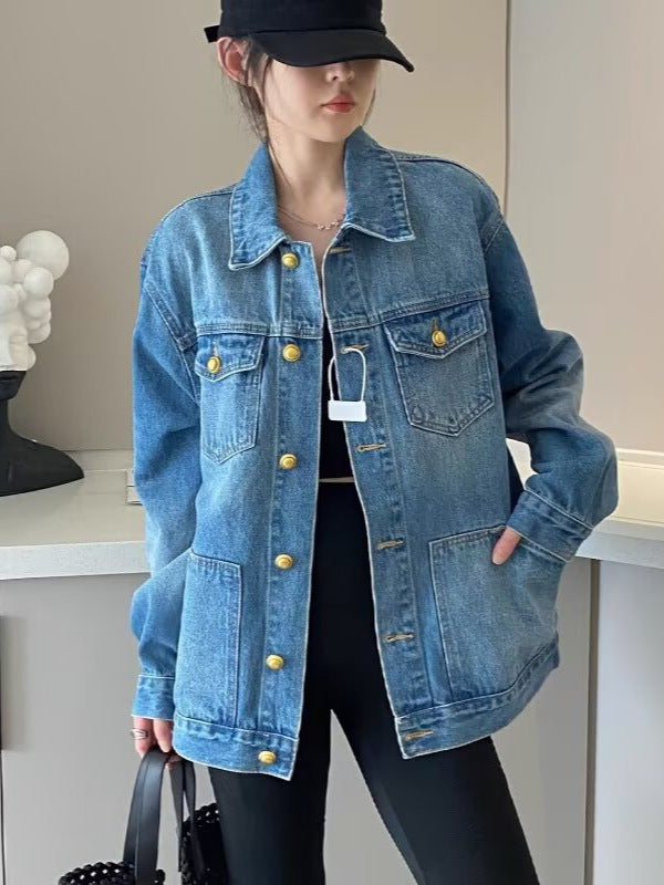 Women's Multi-Pocket Denim Work Jacket with Relaxed Style