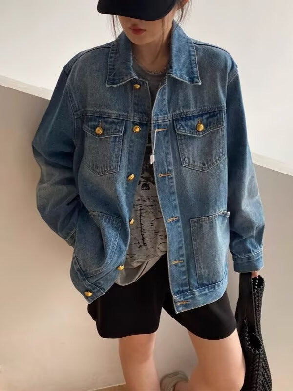 Women's Multi-Pocket Denim Work Jacket with Relaxed Style