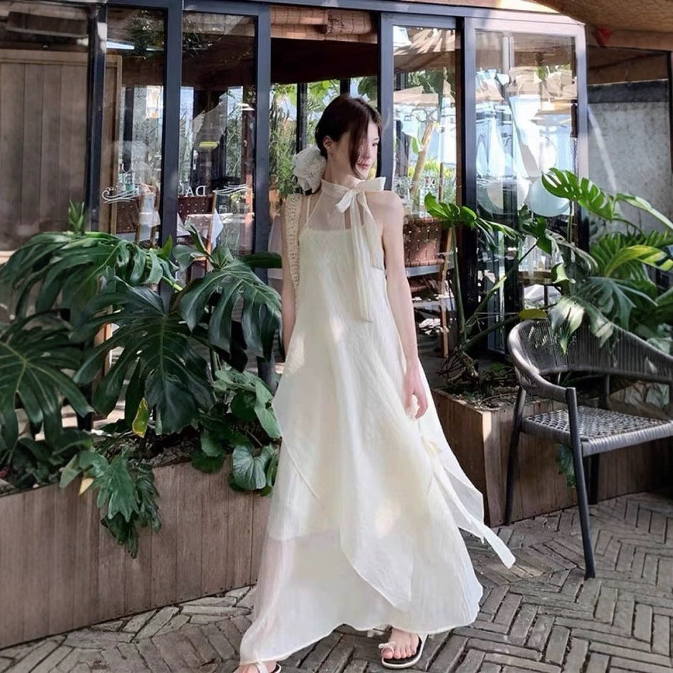Women's Sleeveless Halter Neck Irregular Cotton Dress Set