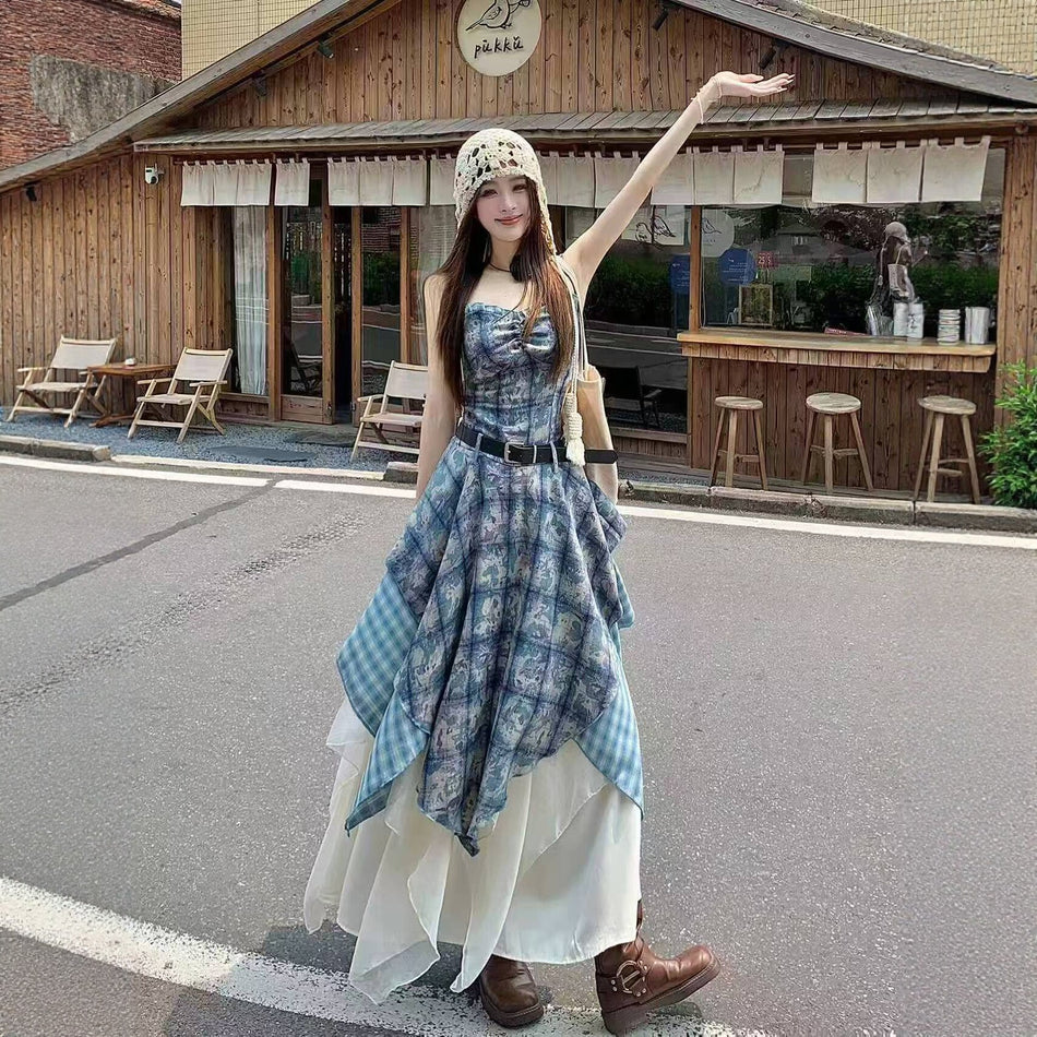 Women's Plaid Suspender Maxi Dress Set with Belt