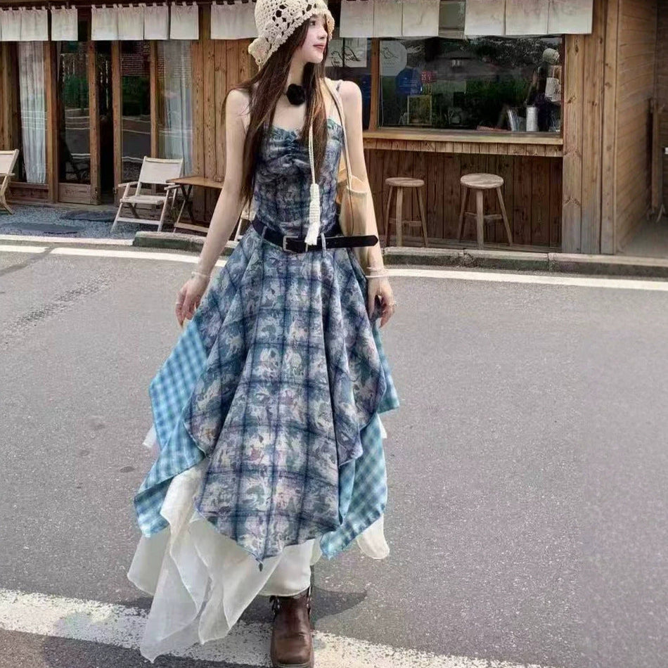 Women's Plaid Suspender Maxi Dress Set with Belt