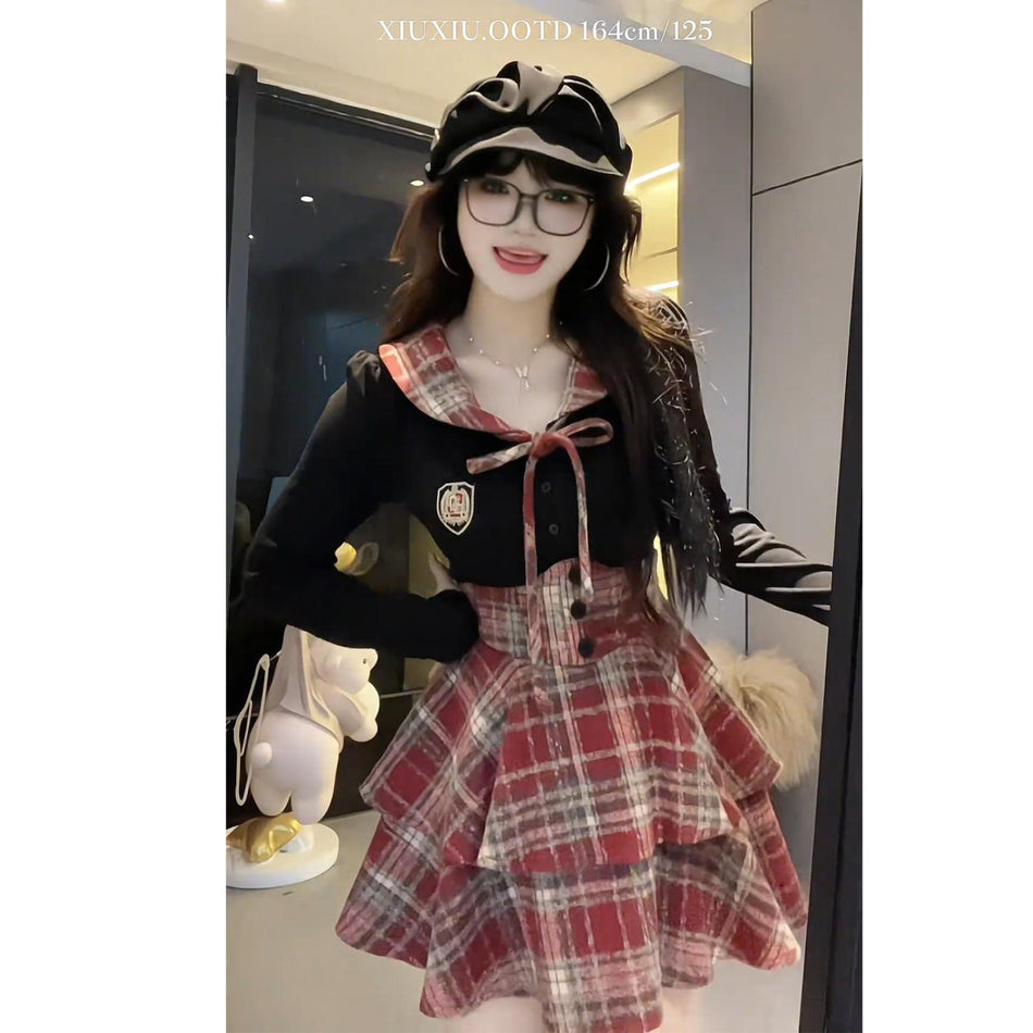 Women's Plus Size Plaid Skirt and Long Sleeve Shirt Set