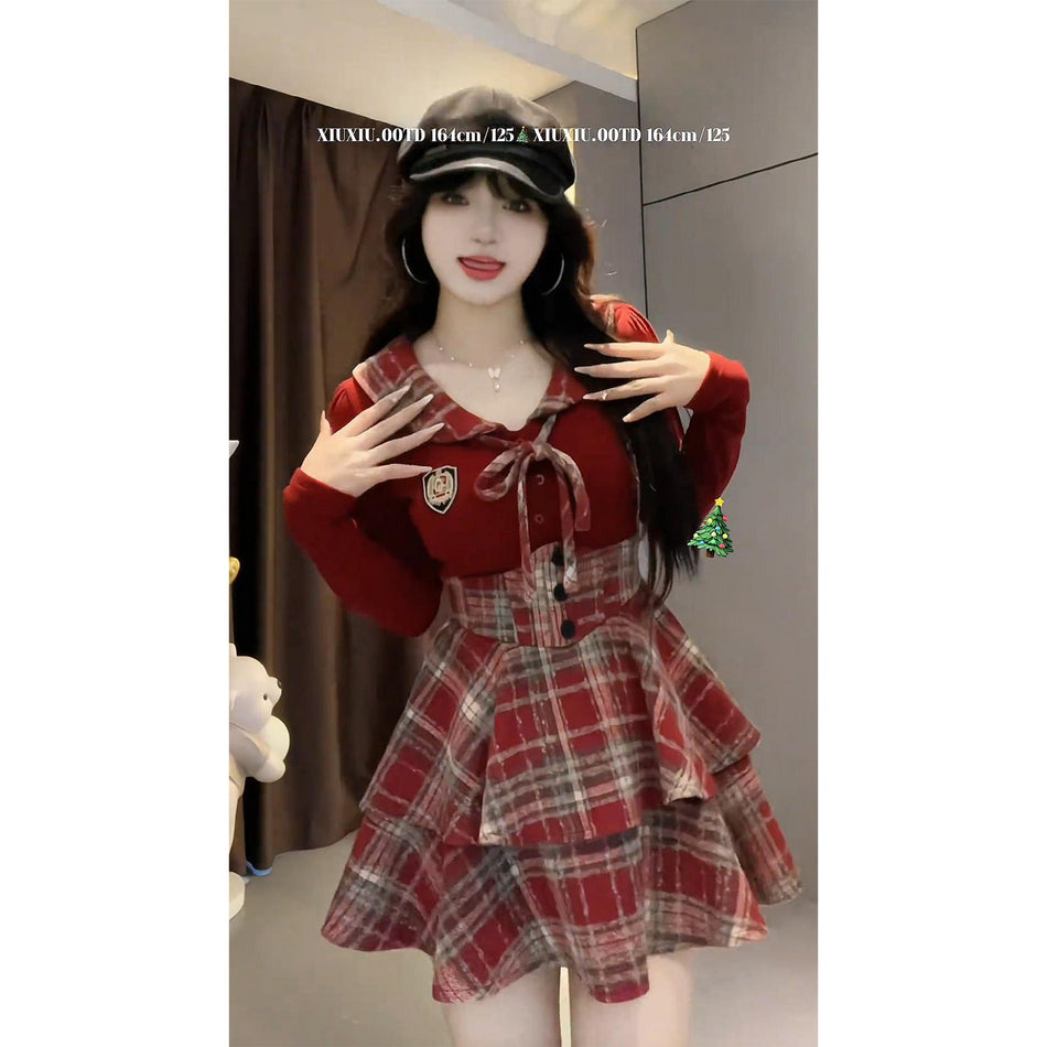 Women's Plus Size Plaid Skirt and Long Sleeve Shirt Set