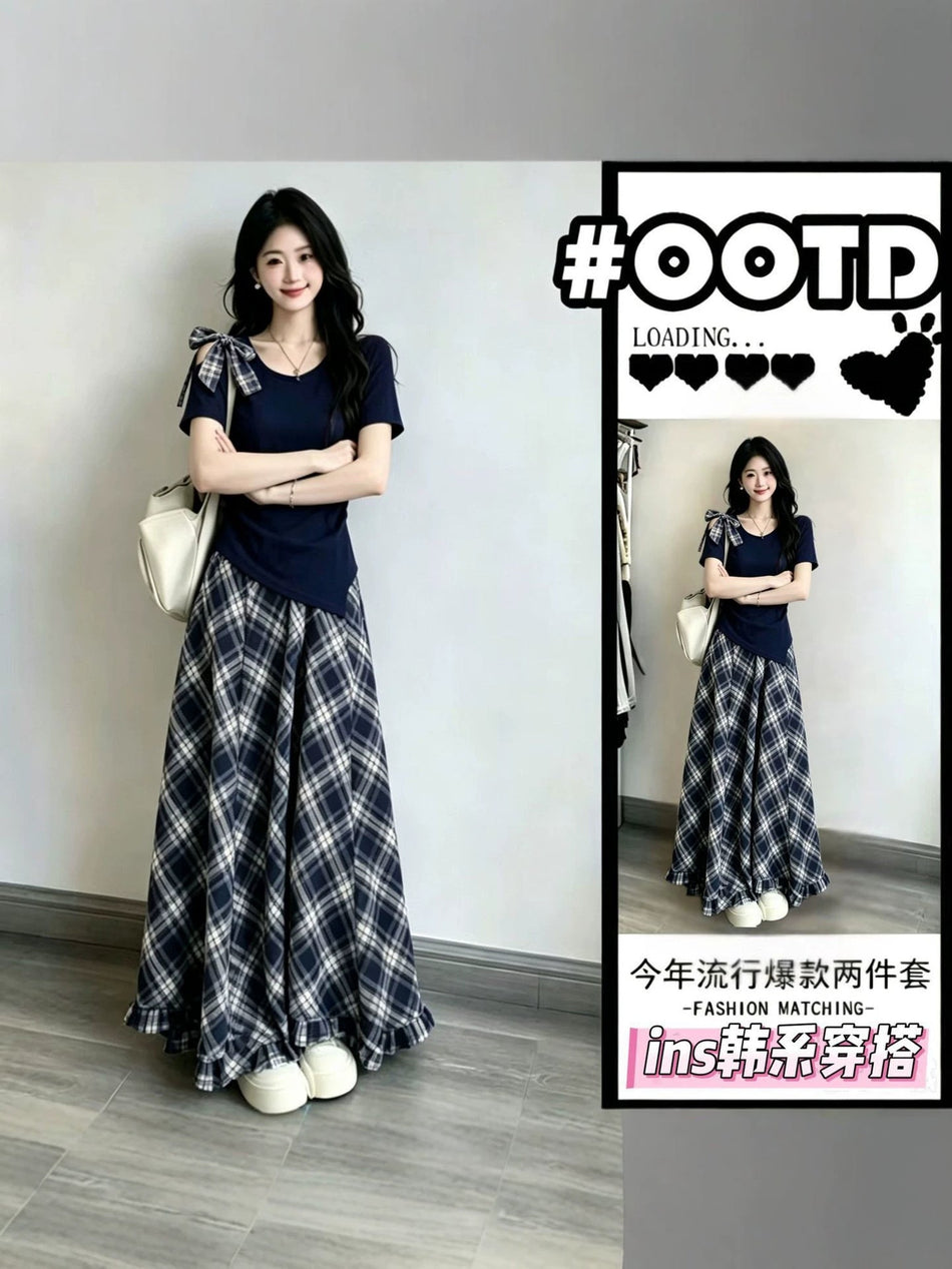 Women's Plus Size Off-Shoulder Bow Top and Plaid Skirt Set