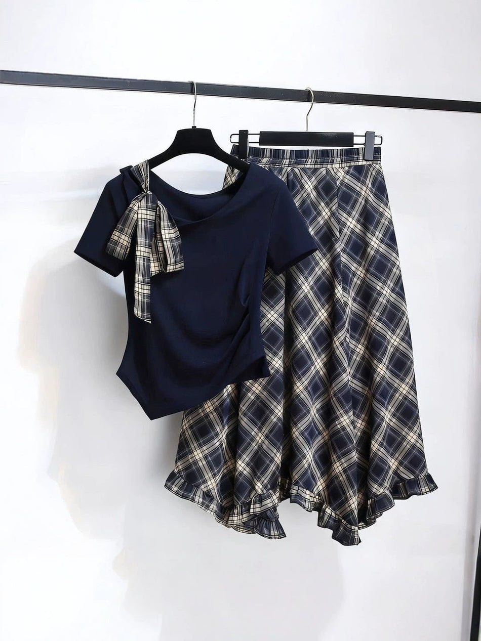 Women's Plus Size Off-Shoulder Bow Top and Plaid Skirt Set