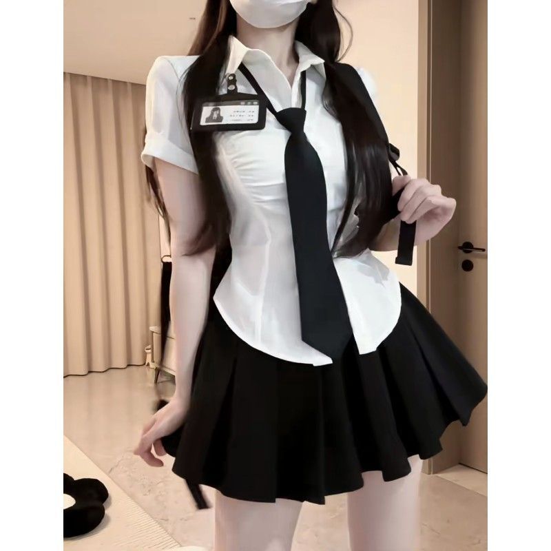 Women's Pleated Shirt and High-Waist Skirt Uniform Set