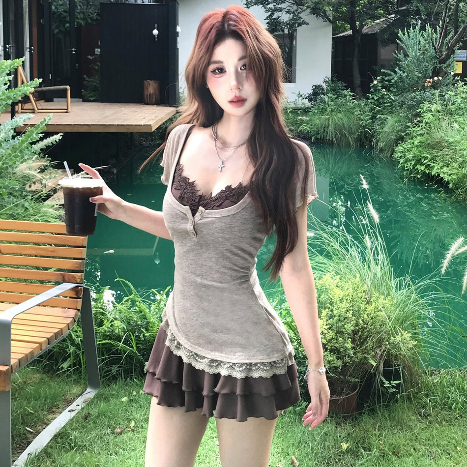 Women's Lace Trim Strap Dress and Blouse Two-Piece Set