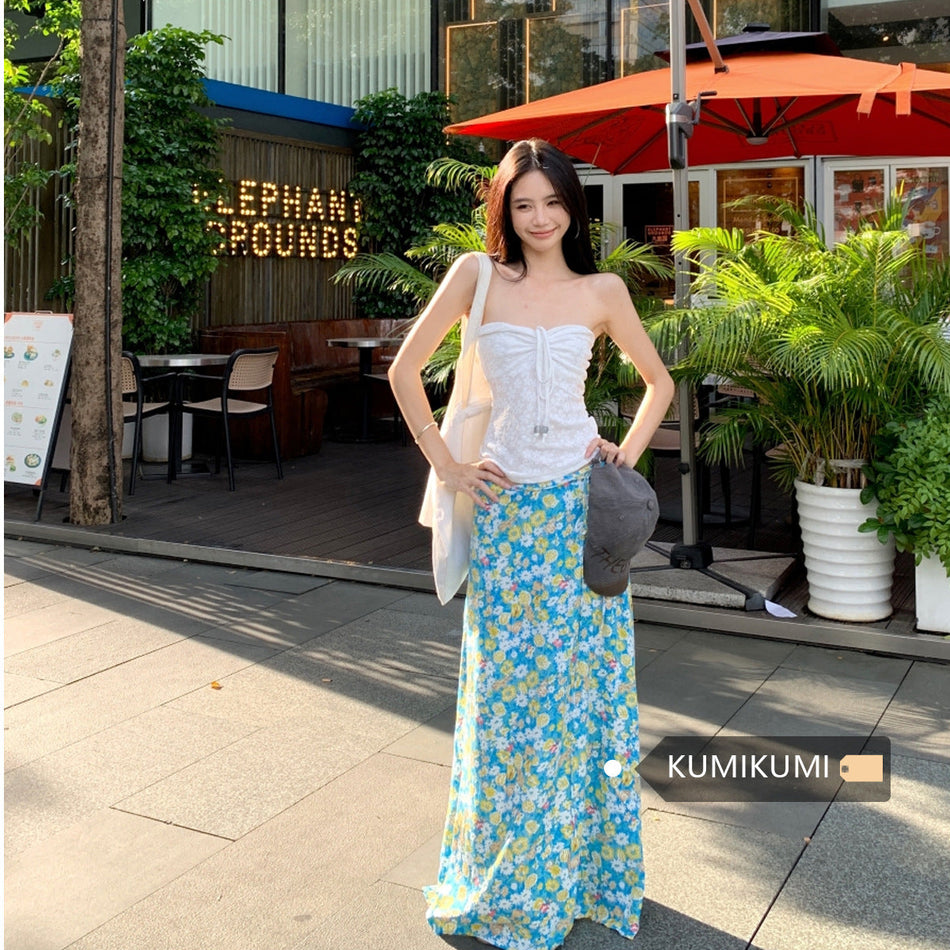 Women's Drawstring Tube Top and Floral Midi Skirt Set