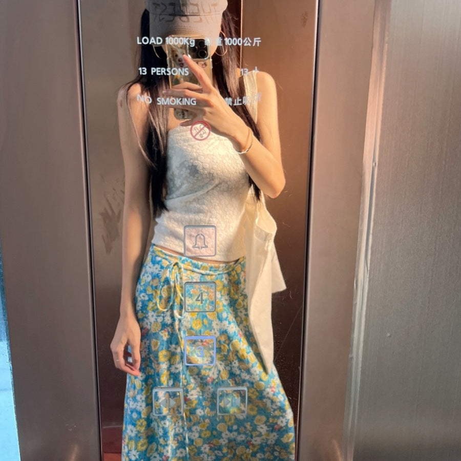 Women's Drawstring Tube Top and Floral Midi Skirt Set