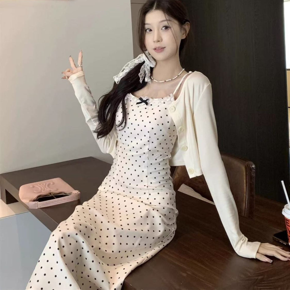 Women's Lace Collar Polka Dot Dress and Cardigan Set