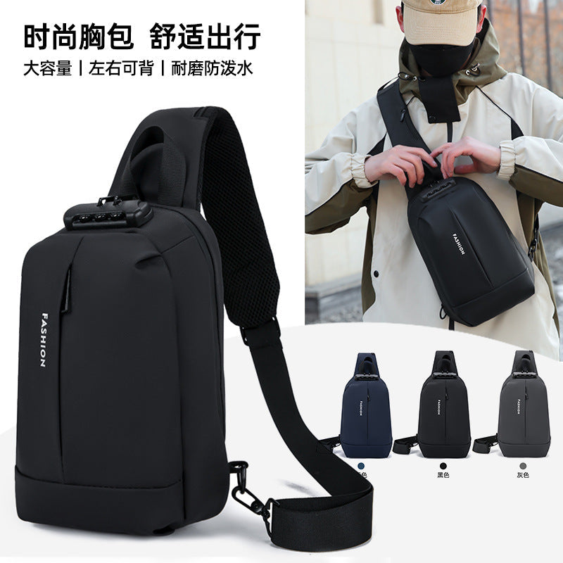 Men's Leather Chest Bag with Combination Lock and Large Capacity