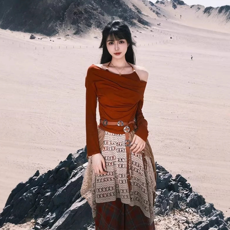 Women's Ethnic-Inspired Top and Plaid Maxi Skirt Set